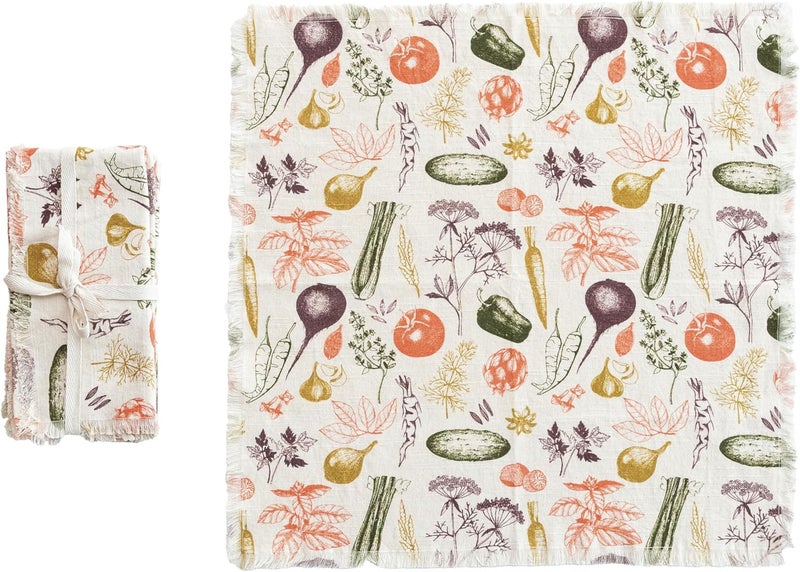 Creative CoOp Vegetable Print Cotton Slub Napkins with Fringe Multicolor Set of 4 - Image 1
