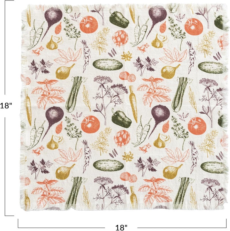 Creative CoOp Vegetable Print Cotton Slub Napkins with Fringe Multicolor Set of 4 - Image 4