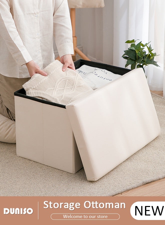 DUNISO Folding Ottoman Leather Storage Ottoman Leather Footstool Bench Ottoman Bench Versatile Space-Saving Cube Bench Storage Boxes Footrest Stool for Living Room, Bedroom, Entryway  - Image 1