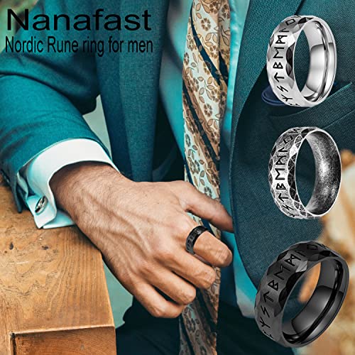 Nanafast Viking Rings for Men, Women Silver/Black/Vintage Stainless Steel Norse Rings for men, Runes Viking Ring Bands for Men-8MMBlack-8 - Image 3
