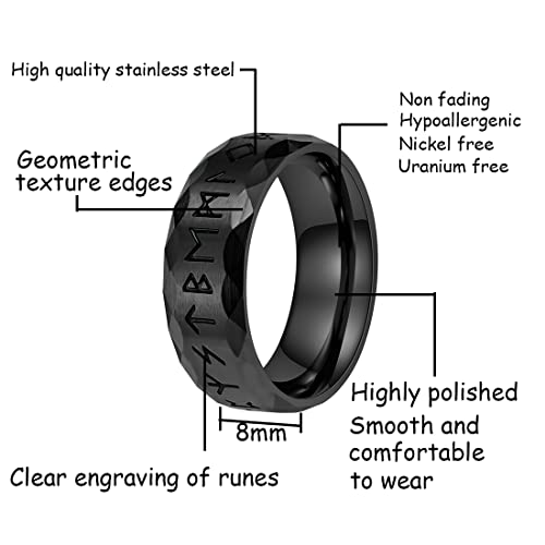 Nanafast Viking Rings for Men, Women Silver/Black/Vintage Stainless Steel Norse Rings for men, Runes Viking Ring Bands for Men-8MMBlack-8 - Image 2
