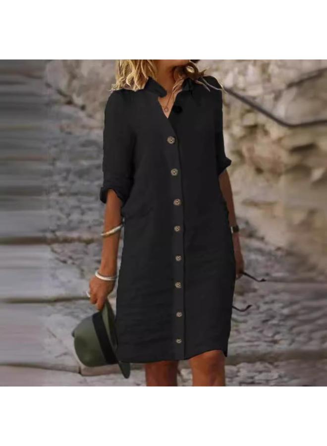 New European And American Women's Clothing Spring And Summer Shirt Collar Mid-sleeve Large Round Buckle Cotton And Linen Dress