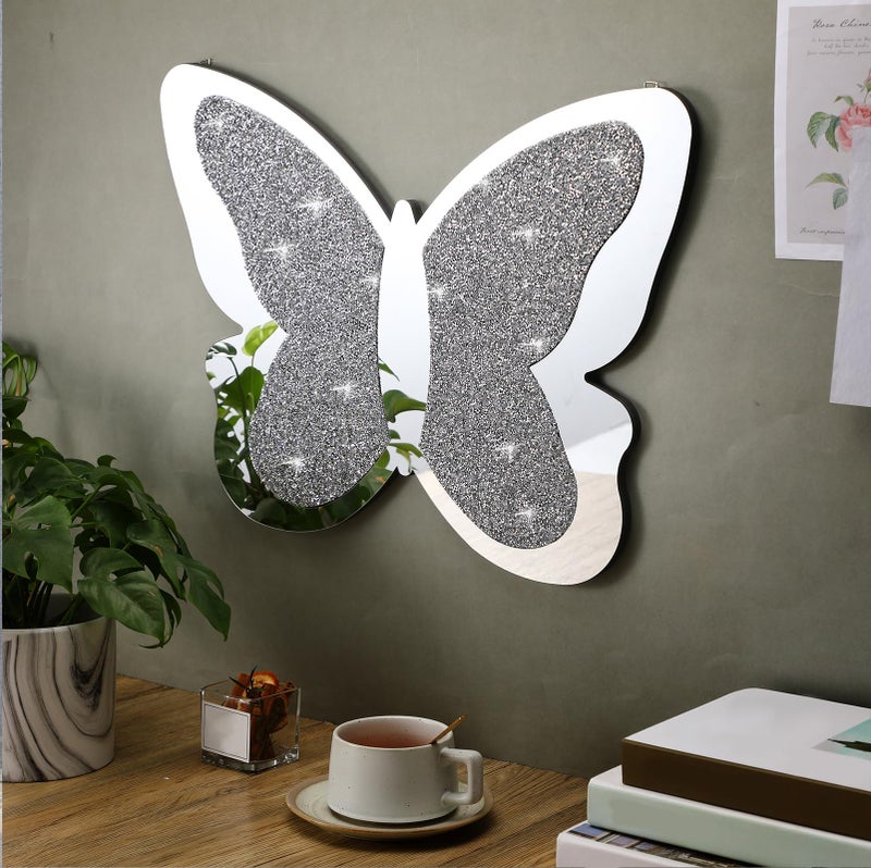 Vesici 2 Pieces Butterfly Shaped Mirror Crystal Crushed Diamond Silver Mirror Silver Wall Decor for Living Room Modern Decorative Artwork for Nursery Wedding Decor(19.69 x 14.57 Inch) - Image 3