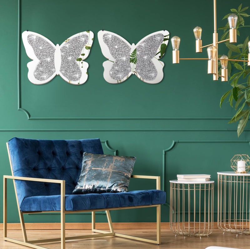 Vesici 2 Pieces Butterfly Shaped Mirror Crystal Crushed Diamond Silver Mirror Silver Wall Decor for Living Room Modern Decorative Artwork for Nursery Wedding Decor(19.69 x 14.57 Inch) - Image 5