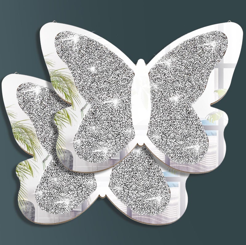 Vesici 2 Pieces Butterfly Shaped Mirror Crystal Crushed Diamond Silver Mirror Silver Wall Decor for Living Room Modern Decorative Artwork for Nursery Wedding Decor(19.69 x 14.57 Inch) - Image 1