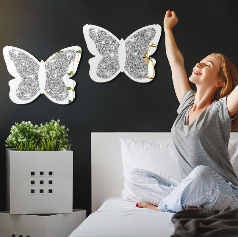 Vesici 2 Pieces Butterfly Shaped Mirror Crystal Crushed Diamond Silver Mirror Silver Wall Decor for Living Room Modern Decorative Artwork for Nursery Wedding Decor(19.69 x 14.57 Inch) - Image 4