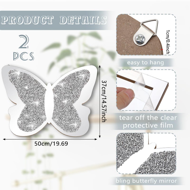 Vesici 2 Pieces Butterfly Shaped Mirror Crystal Crushed Diamond Silver Mirror Silver Wall Decor for Living Room Modern Decorative Artwork for Nursery Wedding Decor(19.69 x 14.57 Inch) - Image 2