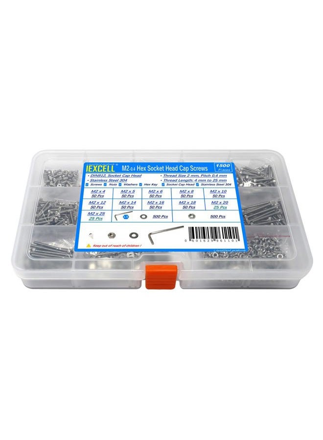 iExcell 1500 Pcs Metric M2 x 4/5/6/8/10/12/14/16/18/20/25 Stainless Steel 304 Hex Socket Head Cap Screws Bolts Nuts Washers Assortment Kit - Image 1