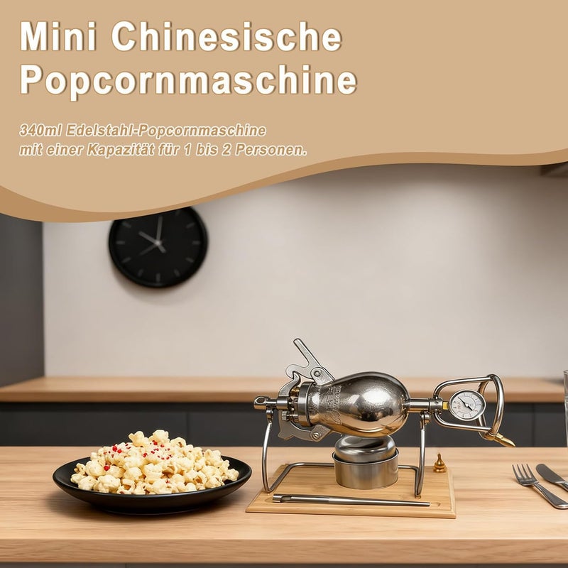 Jueraori 340 ml Chinese Popcorn Machine, Retro Hand Chinese Popcorn Maker, Stainless Steel Popcorn Machine, Small Popcorn Cannon for Movie Night Party Fun, Family Reunion - Image 2