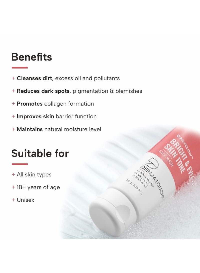DERMATOUCH Bright & Even Tone Face Wash with Niacinamide, Vitamin E and Kojic Acid | Daily Gentle Face Wash For Tan, Pigmentation, Uneven Tone - 70G - Image 4
