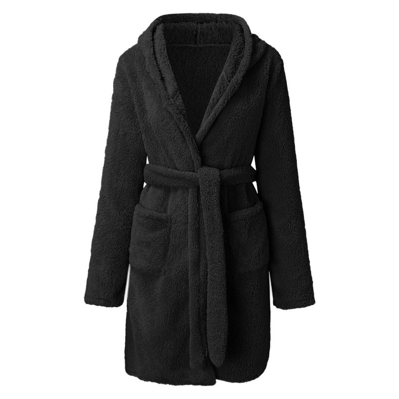 Women Hooded Bathrobe Fleece Lightweight Soft Plush Flannel Sleepwear Fleece Hooded Bathrobes Night Sleepwear Women's Mid Length Plush Robe - Image 3