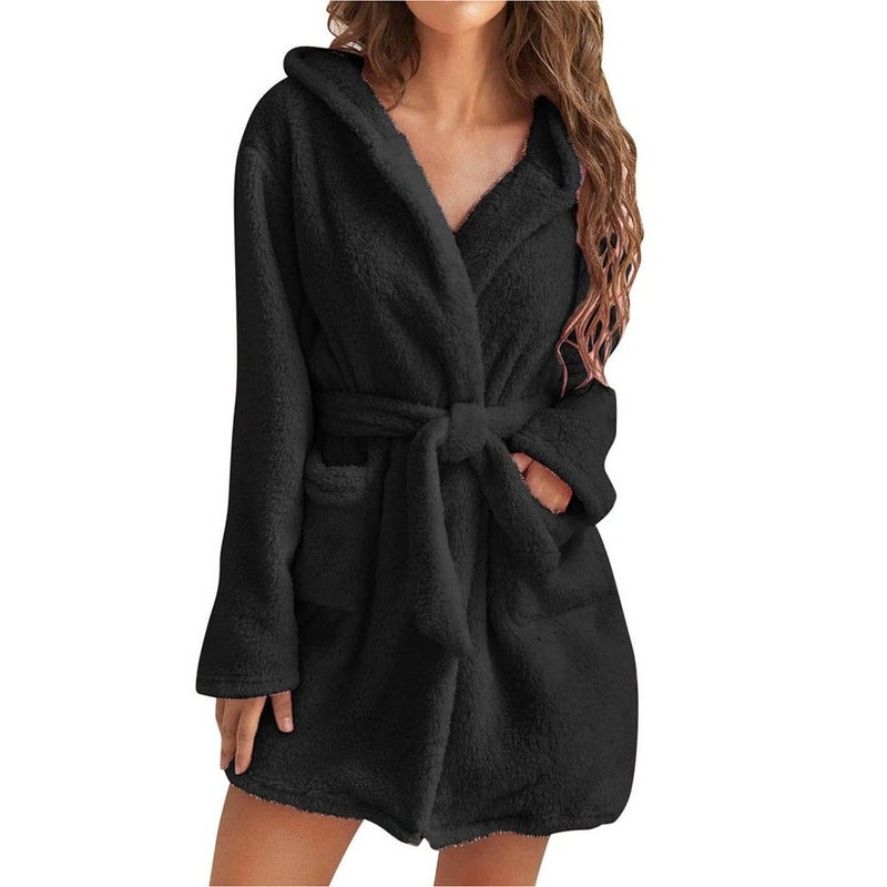 Women Hooded Bathrobe Fleece Lightweight Soft Plush Flannel Sleepwear Fleece Hooded Bathrobes Night Sleepwear Women's Mid Length Plush Robe - Image 1