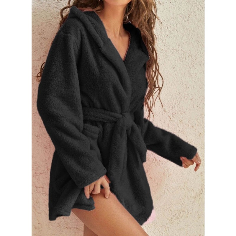 Women Hooded Bathrobe Fleece Lightweight Soft Plush Flannel Sleepwear Fleece Hooded Bathrobes Night Sleepwear Women's Mid Length Plush Robe - Image 2