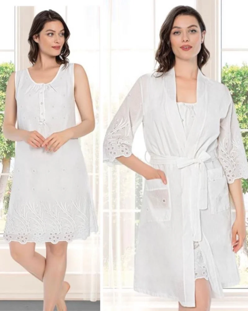 بيرول جاي Birolgaye 12065 Scalloped Maternity Cotton Nightgown Dressing Gown Set