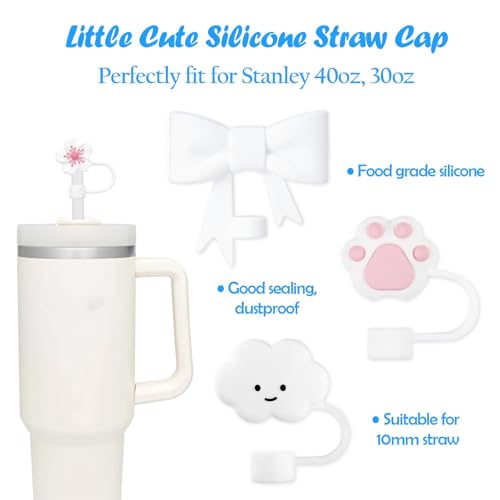 QUVIAE White Straw Cover Cap for Stanley Cup, 6pcs Silicone Flower Straw Toppers Compatible with 20 30 40 Oz Tumbler with Handle, 0.4in/10mm Cute Dust Proof Reusable Straws Stopper Accessories - Image 2