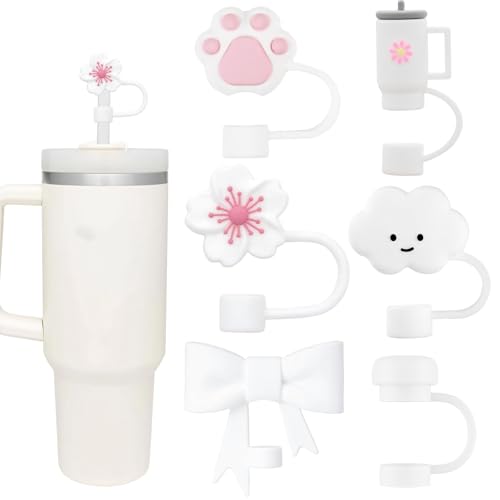 QUVIAE White Straw Cover Cap for Stanley Cup, 6pcs Silicone Flower Straw Toppers Compatible with 20 30 40 Oz Tumbler with Handle, 0.4in/10mm Cute Dust Proof Reusable Straws Stopper Accessories - Image 1