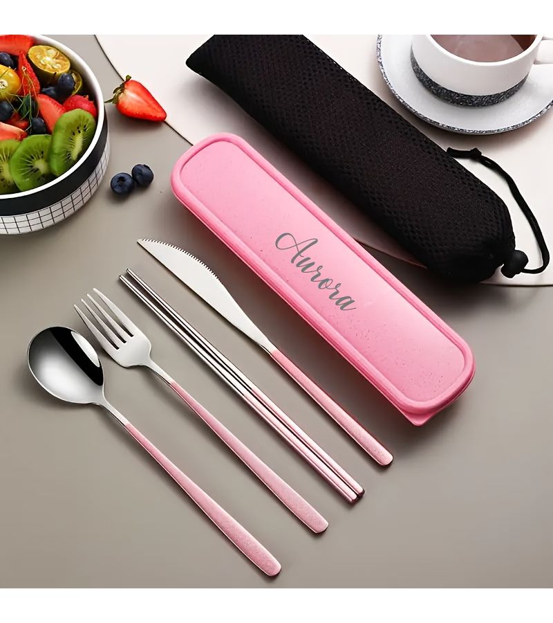 Dark Green Stainless Steel 4 Piece Cutlery Set Knife Fork Chopsticks Spoon With Bag - Image 1