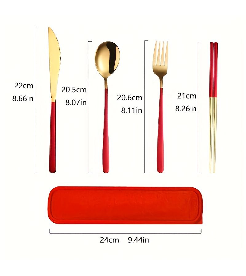 Dark Green Stainless Steel 4 Piece Cutlery Set Knife Fork Chopsticks Spoon With Bag - Image 3