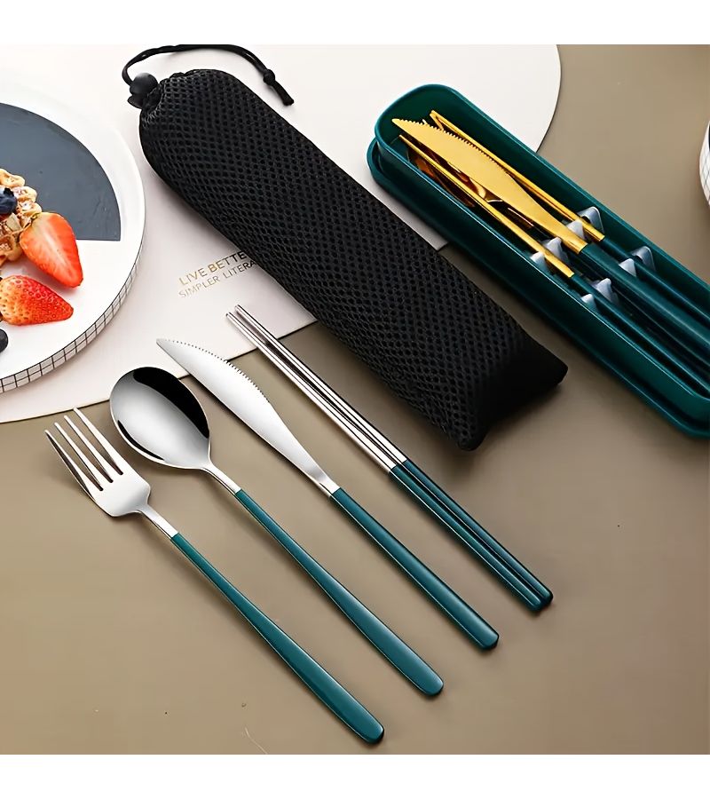 Dark Green Stainless Steel 4 Piece Cutlery Set Knife Fork Chopsticks Spoon With Bag - Image 5