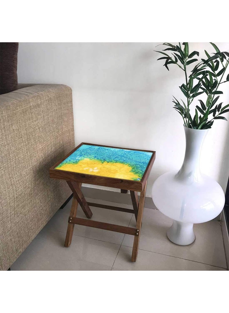 Nutcase Nutcase Designer Teak Wood Side Table Folding Wooden Bedside Coffee Outdoor Picnic Table Arctic Space Yellow and Green Watercolor  - Image 1