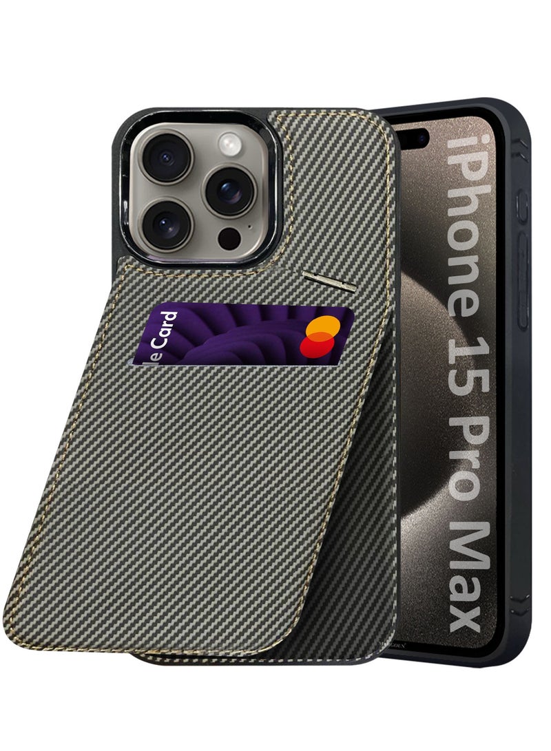 CATANES iPhone 15 Pro Max Case Cover Leather with Card Holder and Kickstand for Men Women Phone Case with Carbon Fiber Pattern  - Image 1
