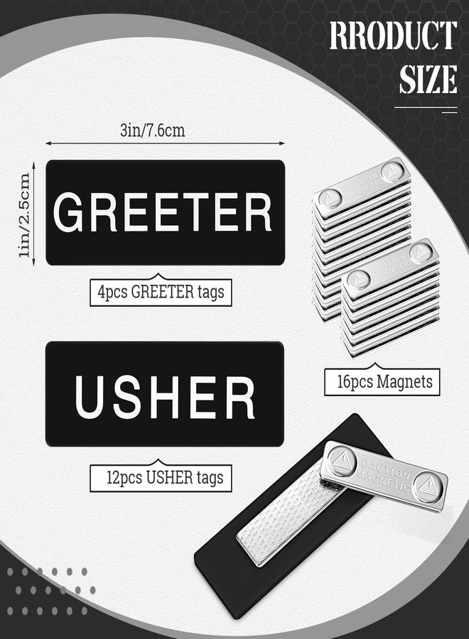 Fullhawl 12 Pcs Magnetic Usher Badges and 4 Pcs Greeter Name Tag for Church Acrylic Usher Name Tags with Magnet Usher and Greeter Badges for Uniform Clothe Church Gathering, 1 x 3 Inch (Black) - Image 2