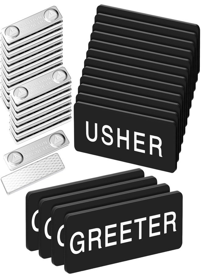 Fullhawl 12 Pcs Magnetic Usher Badges and 4 Pcs Greeter Name Tag for Church Acrylic Usher Name Tags with Magnet Usher and Greeter Badges for Uniform Clothe Church Gathering, 1 x 3 Inch (Black) - Image 1