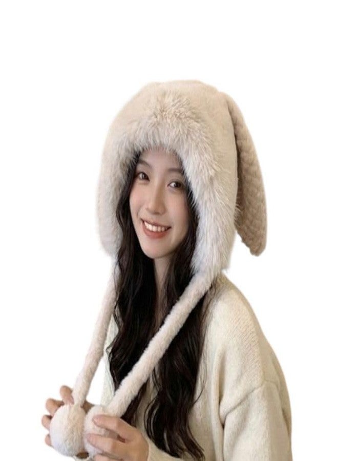 FAMWRAPZ Women's Faux Fur Beanie Hat Cute Bear Hat Plush Skull Cap Winter Warm Hat Earflap with Pompom- Cream/Beige - Image 1