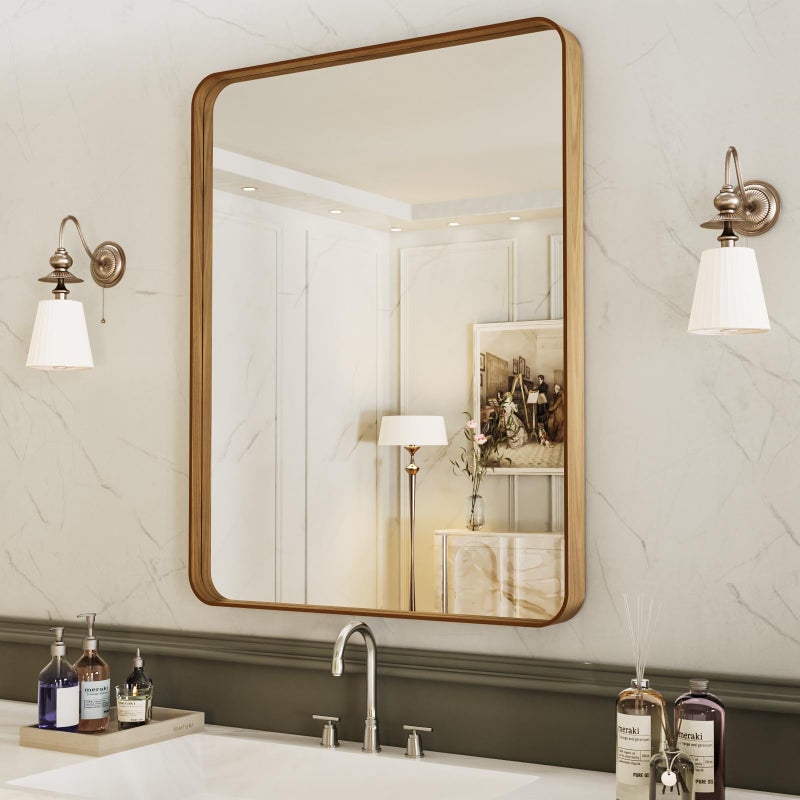 LOAAO 20X30 Inch Bathroom Mirror with Wood Grain Colored Metal Frame, Rounded Rectangle Metal Framed Bathroom Mirror, Anti-Rust, Hangs Horizontally or Vertically - Image 1