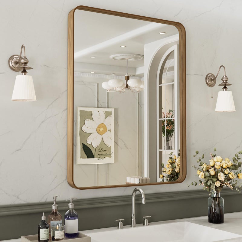 LOAAO 20X30 Inch Bathroom Mirror with Wood Grain Colored Metal Frame, Rounded Rectangle Metal Framed Bathroom Mirror, Anti-Rust, Hangs Horizontally or Vertically - Image 4