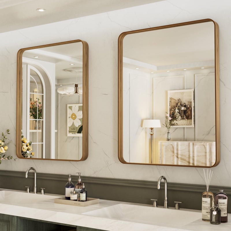 LOAAO 20X30 Inch Bathroom Mirror with Wood Grain Colored Metal Frame, Rounded Rectangle Metal Framed Bathroom Mirror, Anti-Rust, Hangs Horizontally or Vertically - Image 3