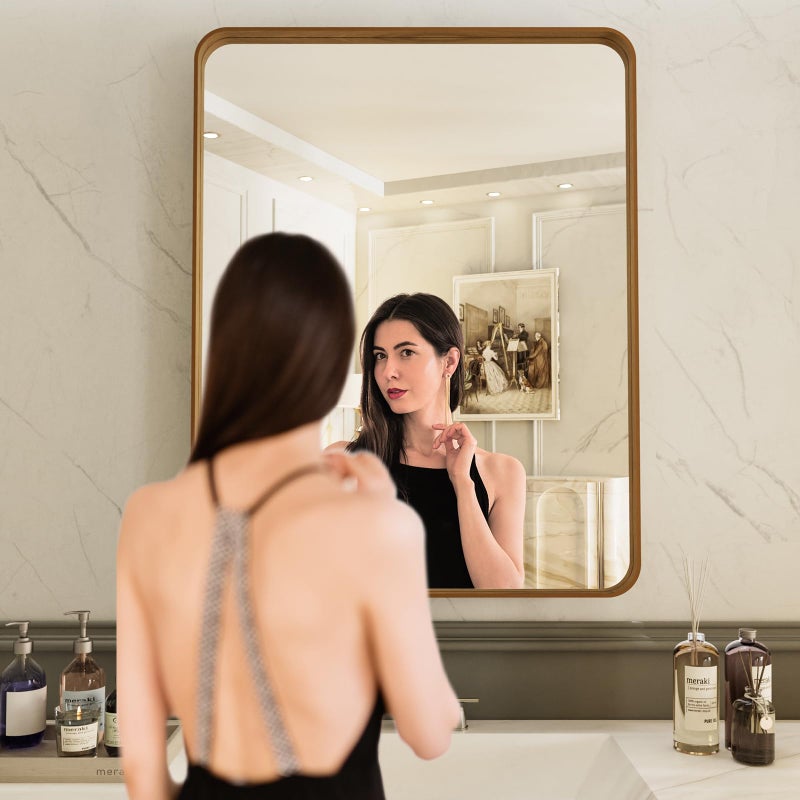LOAAO 20X30 Inch Bathroom Mirror with Wood Grain Colored Metal Frame, Rounded Rectangle Metal Framed Bathroom Mirror, Anti-Rust, Hangs Horizontally or Vertically - Image 2