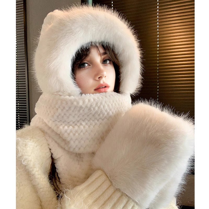 Cute Cat Ear Knit Beanie Women Autumn Winter Fashion Warm 1231 creamy-white three-piece set [earless big Mao Mao hat brim Mao Mao gloves]]