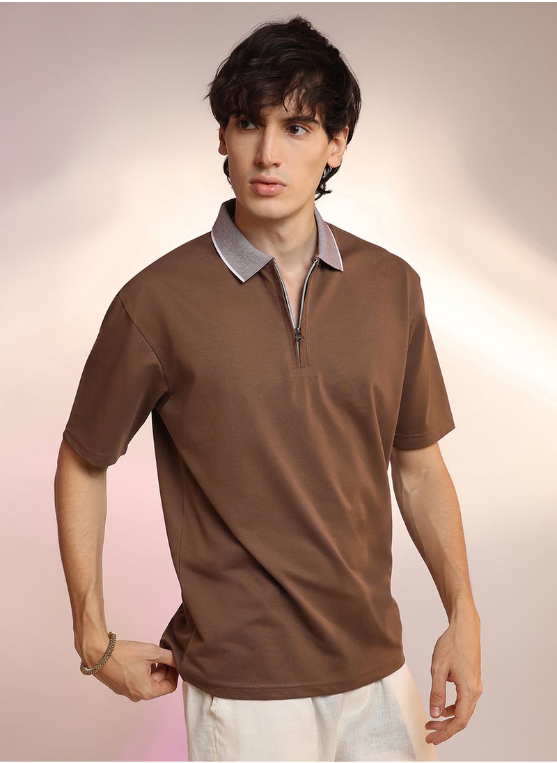 Campus Sutra Men's Chocolate Brown Solid Oversized Polo T-Shirt  - Image 2
