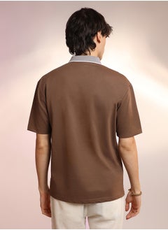 كامبوس سوترا Men's Chocolate Brown Solid Oversized Polo T-Shirt  - Image 3
