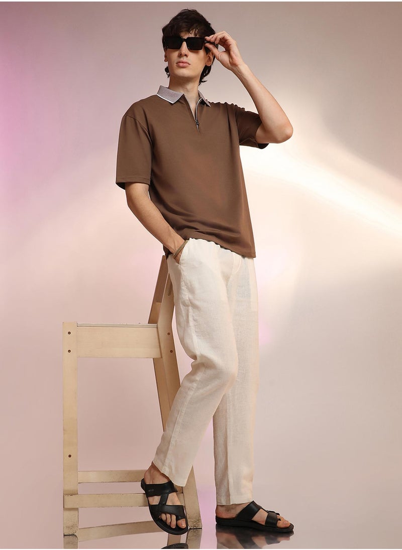 Campus Sutra Men's Chocolate Brown Solid Oversized Polo T-Shirt  - Image 5
