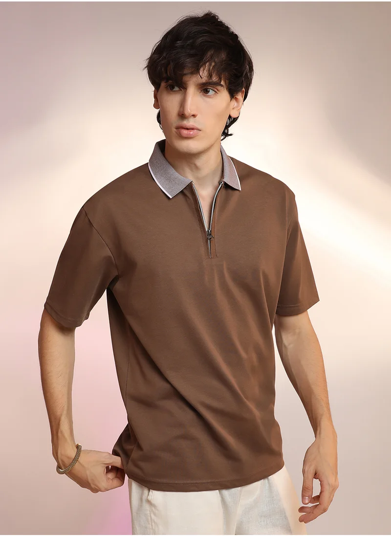 كامبوس سوترا Men's Chocolate Brown Solid Oversized Polo T-Shirt