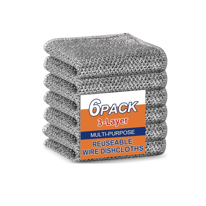 kookkit Upgraded 3-Layer Metal Dish Scrubber-6Pcs, No Scratches, Odor-Free, Multi-Purpose Stainless Steel Scouring Pad for Kitchen Cleaning â€“ Dry & Wet Use, for Dishes, Cookware, Sinks, Stove Tops (6PCS) - Image 1
