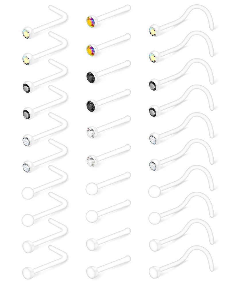 Mayhoop 20G 30Pcs Bioflex Clear Nose Rings Retainer Nose Piercing Retainer Mix Color CZ Body Jewelry Piercing for Women Men - Image 1