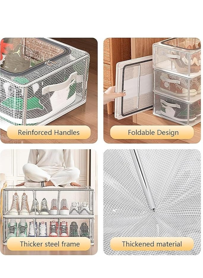 Generic - 2PCS Shoe Storage Boxes, Clear Foldable Fabric Shoe Storage Organizer with Steel Frame, Stackable and Foldable, Under Bed Storage Bin with Handle and Zipper for Shoes Clothes Sheets Toys, Space Saving Design (2 Pack) - Image 1