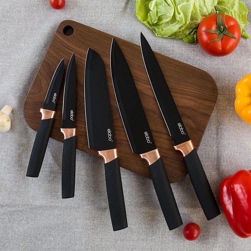 elabo 6-Piece Premium Kitchen Knife Set with Block â€“ Stainless Steel Knife Set with Non-Stick Coating, Ultra-Sharp Dishwasher Safe Knives Set for Kitchen, Rose Gold, Space-saving - Image 2