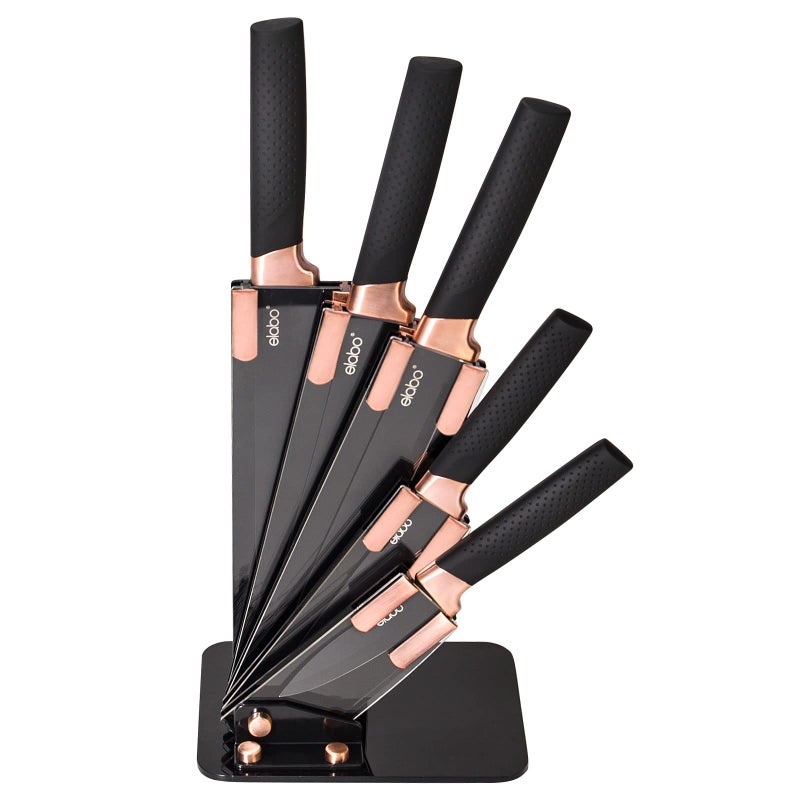 elabo 6-Piece Premium Kitchen Knife Set with Block â€“ Stainless Steel Knife Set with Non-Stick Coating, Ultra-Sharp Dishwasher Safe Knives Set for Kitchen, Rose Gold, Space-saving - Image 1