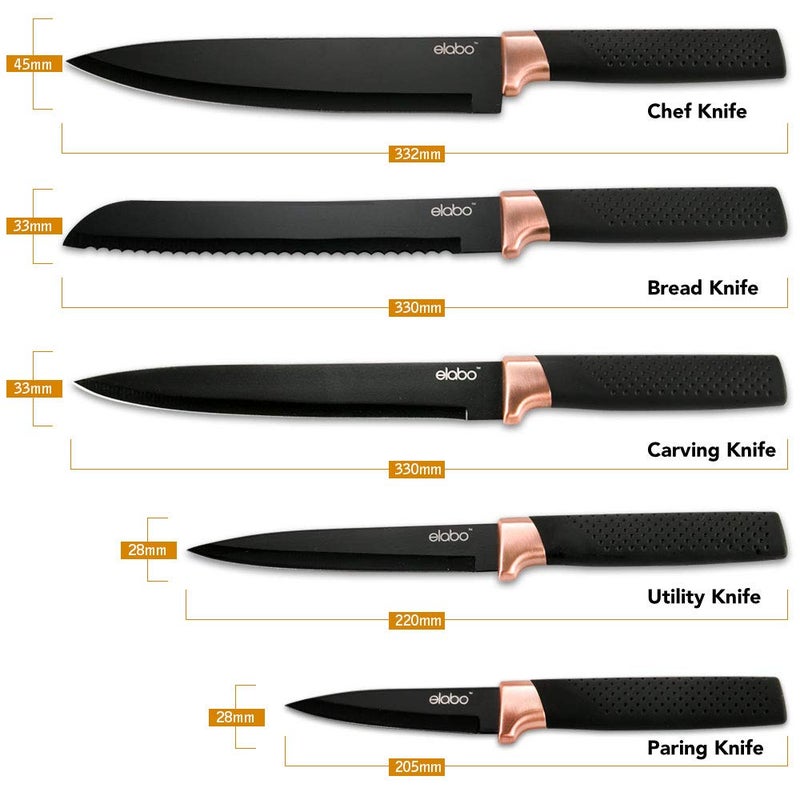 elabo 6-Piece Premium Kitchen Knife Set with Block â€“ Stainless Steel Knife Set with Non-Stick Coating, Ultra-Sharp Dishwasher Safe Knives Set for Kitchen, Rose Gold, Space-saving - Image 3