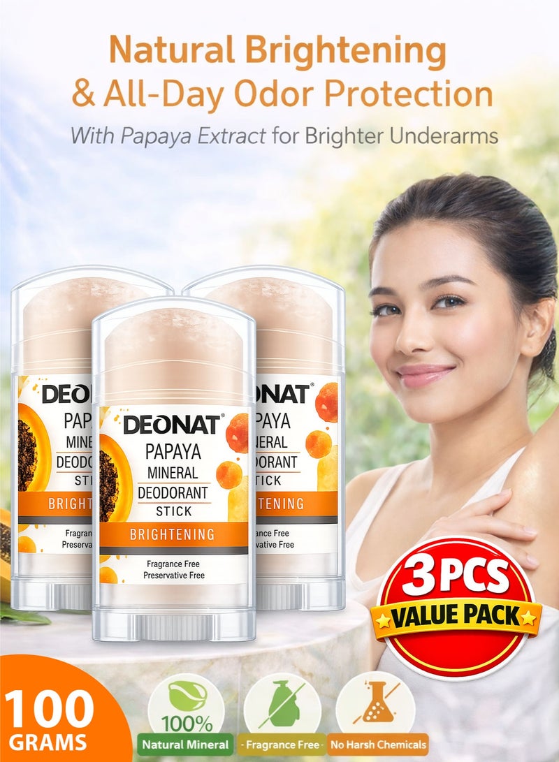 ديونات مزيل عرق معدني بالبابايا 100 جرام تفتيح طبيعي حجر الشبة مزيل عرق طبيعي خالي من المواد الكيميائية خالي من العطور خالي من المواد الحافظة حماية طويلة من التعرق والرائحة تفتيح تحت الإبط للرجال والنساء عبوة اقتصادية 3 قطع - Image 1