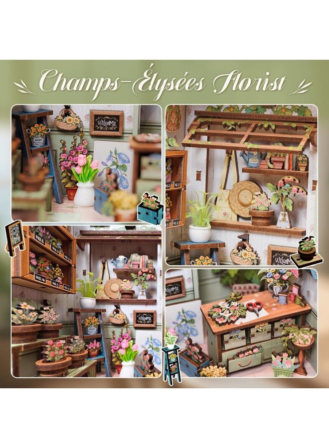 CuteBee طقم كتاب نوك - طقم منزل مصغر للدمى DIY للبالغين والمراهقين، كتاب نوك منزل صغير رف كتب 3D لغز خشبي، هدايا للعائلة (بائع الزهور في الشانزليزيه) - Image 5