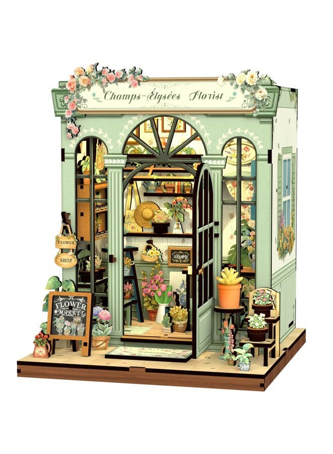 CuteBee طقم كتاب نوك - طقم منزل مصغر للدمى DIY للبالغين والمراهقين، كتاب نوك منزل صغير رف كتب 3D لغز خشبي، هدايا للعائلة (بائع الزهور في الشانزليزيه) - Image 1