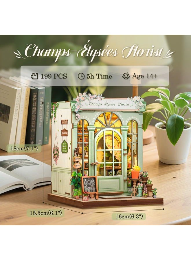 CuteBee طقم كتاب نوك - طقم منزل مصغر للدمى DIY للبالغين والمراهقين، كتاب نوك منزل صغير رف كتب 3D لغز خشبي، هدايا للعائلة (بائع الزهور في الشانزليزيه) - Image 3