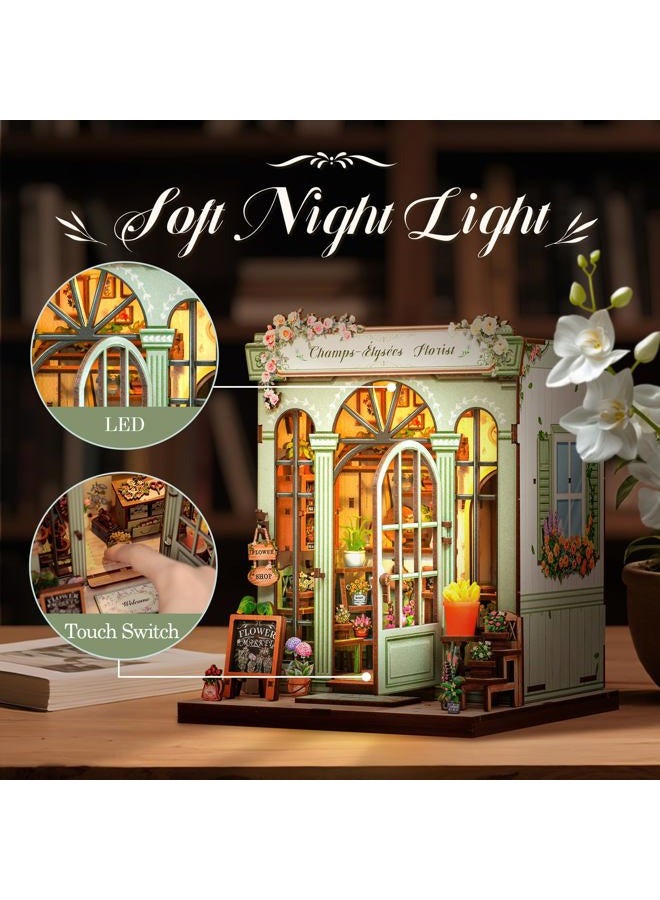 CuteBee طقم كتاب نوك - طقم منزل مصغر للدمى DIY للبالغين والمراهقين، كتاب نوك منزل صغير رف كتب 3D لغز خشبي، هدايا للعائلة (بائع الزهور في الشانزليزيه) - Image 4