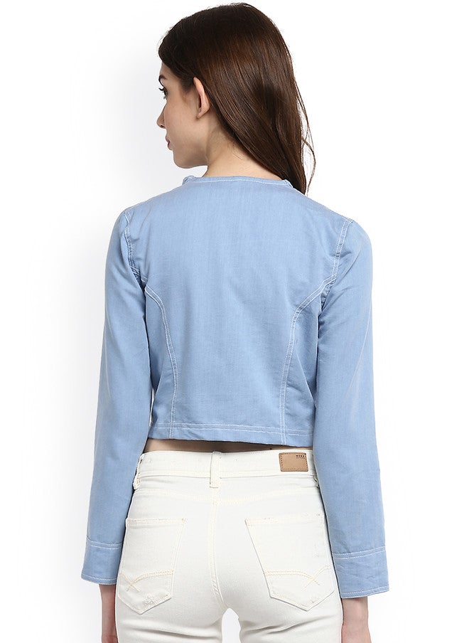 StyleStone سترة قصيرة من الجينز الأزرق للنساء من ستايل ستون مع تفاصيل كشكش - Image 3