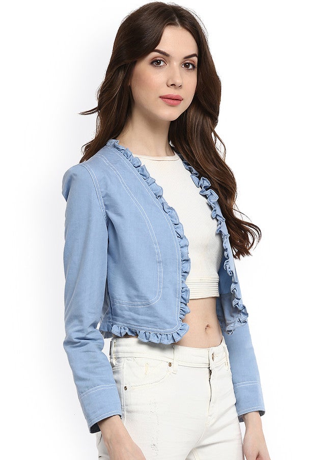 StyleStone سترة قصيرة من الجينز الأزرق للنساء من ستايل ستون مع تفاصيل كشكش - Image 2